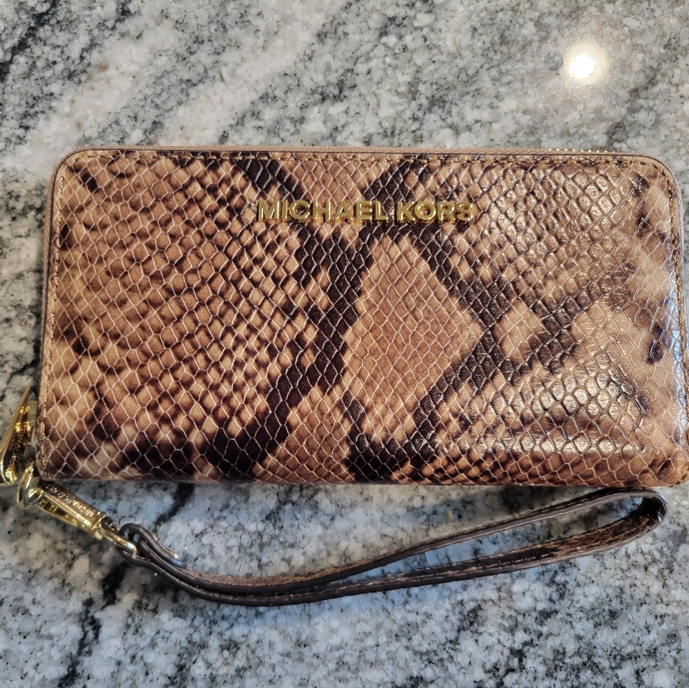 Michael Kors Snake-Embossed Brown Zip Wristlet Wallet